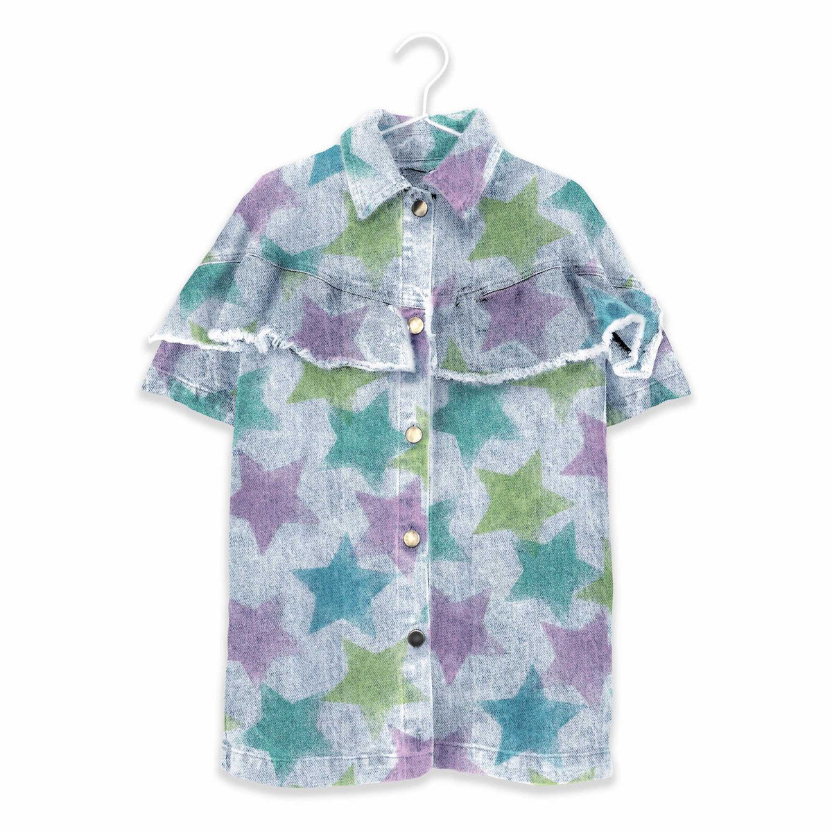 ALLOVER STAR PRINT DENIM SHIRT DRESS – Andorine